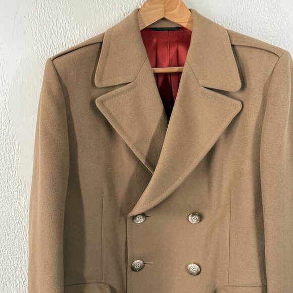 VTG Overcoat Tan Wool Double Breasted Red Satin Lined Coat Mitchell Daroff - Picture 5 of 16
